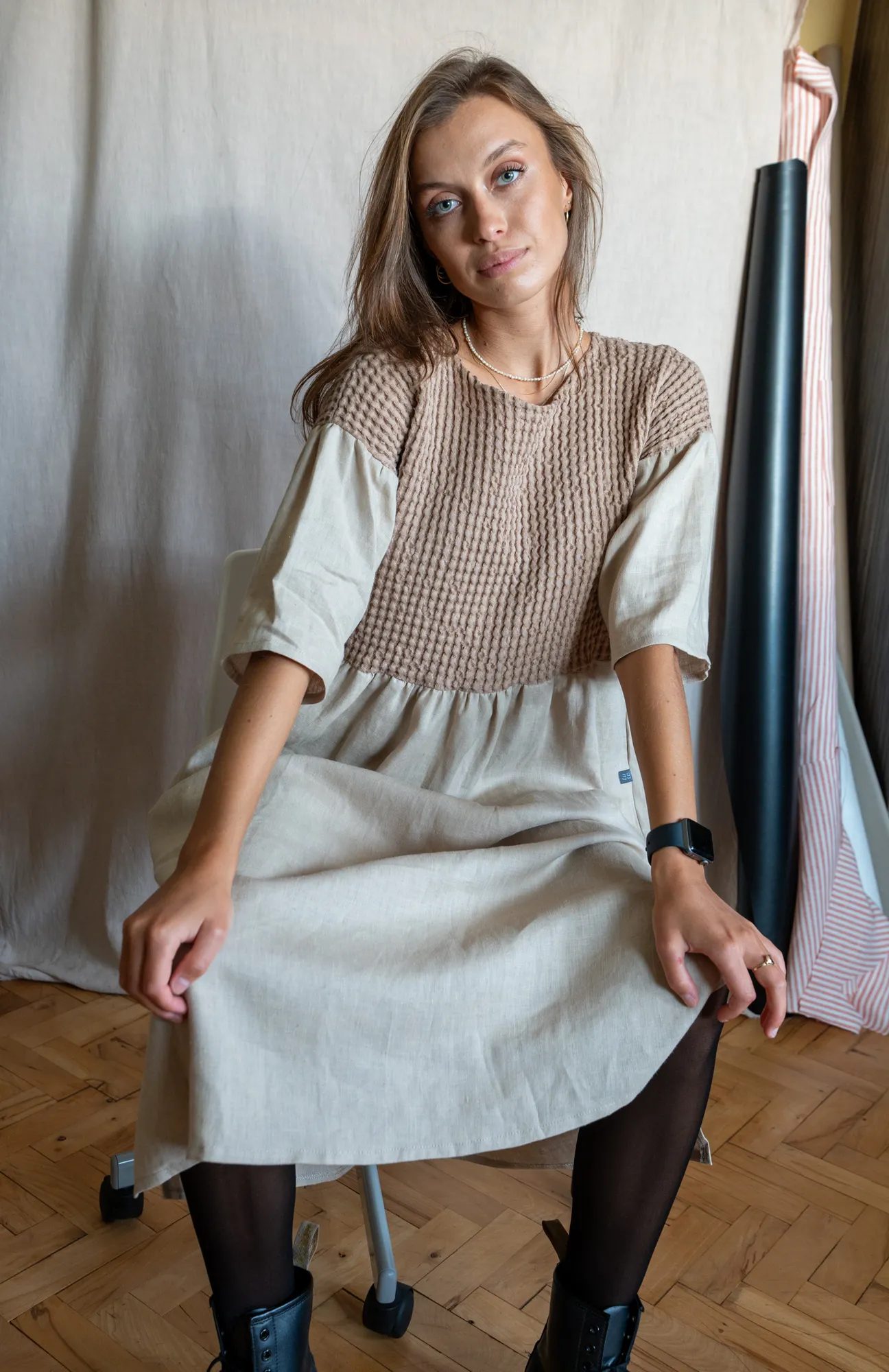 Ľanové šaty vafle - béžová